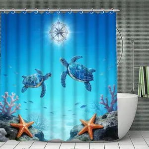 1pc/3pcs/4pcs - Turtle Print Bath Curtain Set, 3pcs + 1pc, Bathroom Rug, Home Decor, Polyester Material, 12 Hooks, Multiple Sizes Available