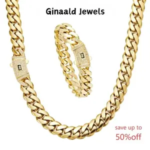 Ginaald Jewels 14K Gold-Plated Cuban Chain Set Necklace & Bracelet Duo with White Diamond Accents Water-Resistant Hypoallergenic Material 6-14mm Sizes Modern Miami-Inspired Gift
