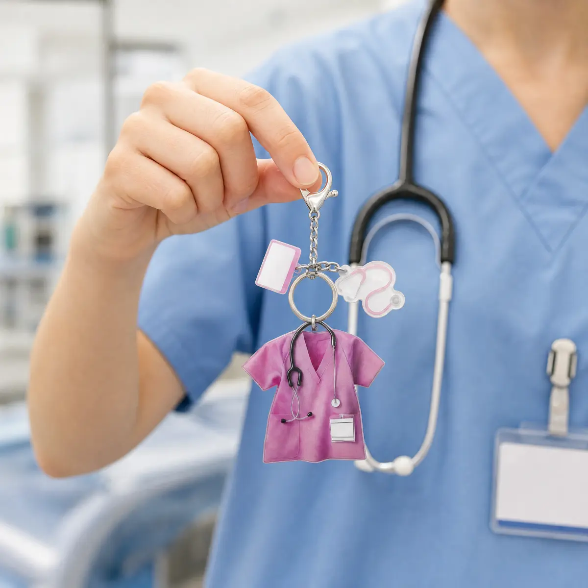 Scrubs Shape Nurse Keychain - Large Size Acrylic Pendant with Stethoscope Charm, Stylish Fashion Accessory for RNs, Medical Professionals (Daily, Business Use)