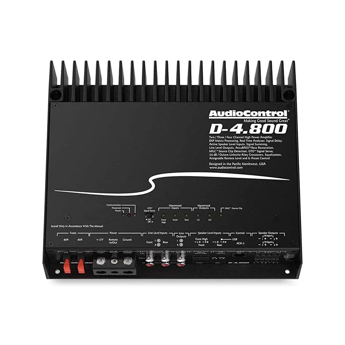 AudioControl D-4.800 4-Channel DSP-Equipped Car Amplifier - Matrixing Feature, 2 Ohms, 30-Band Graphic EQ, All-Aluminum Chassis for Audiophile Car Audio Systems