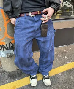 Frofooo Blue Lumberjack Jeans Relaxed Fit Double-Layer Front Panel Multi-Function Pants Casual Straight-Leg Vintage Hand-Distressed Graffiti Style Cotton Menswear Workwear Trouser Loose Denim Pockets Streetwear Machine Washable