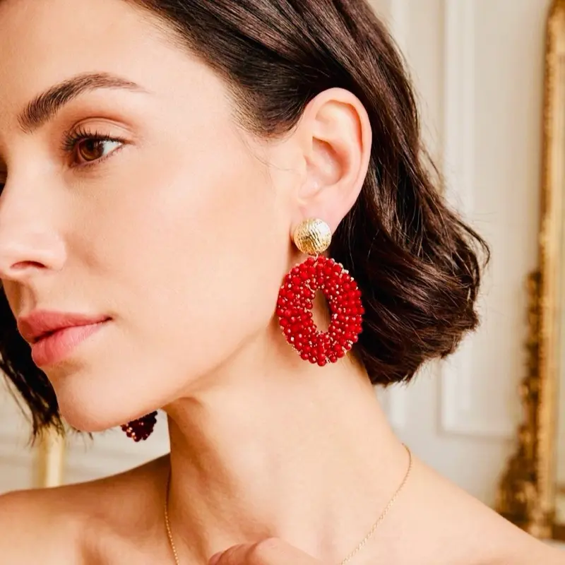 Women red rhinestone dangling fashionable earrings, long party wear women accessories