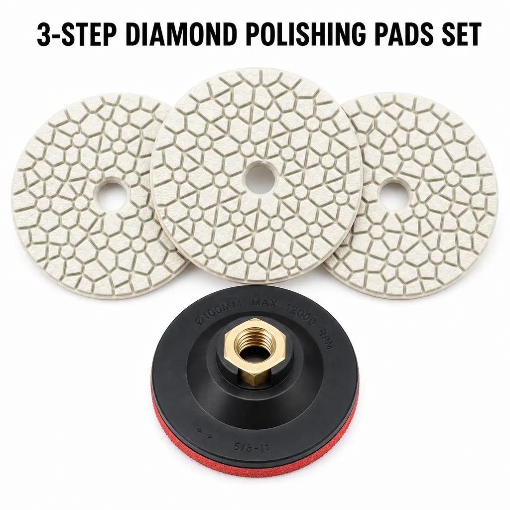 4 Inch 3-Step White Dry Diamond Polishing Pads with 5/8"-11 Thick Foam Backer, 4PCS Flat Stone Buffing Kit for Light Granite Marble Quartz