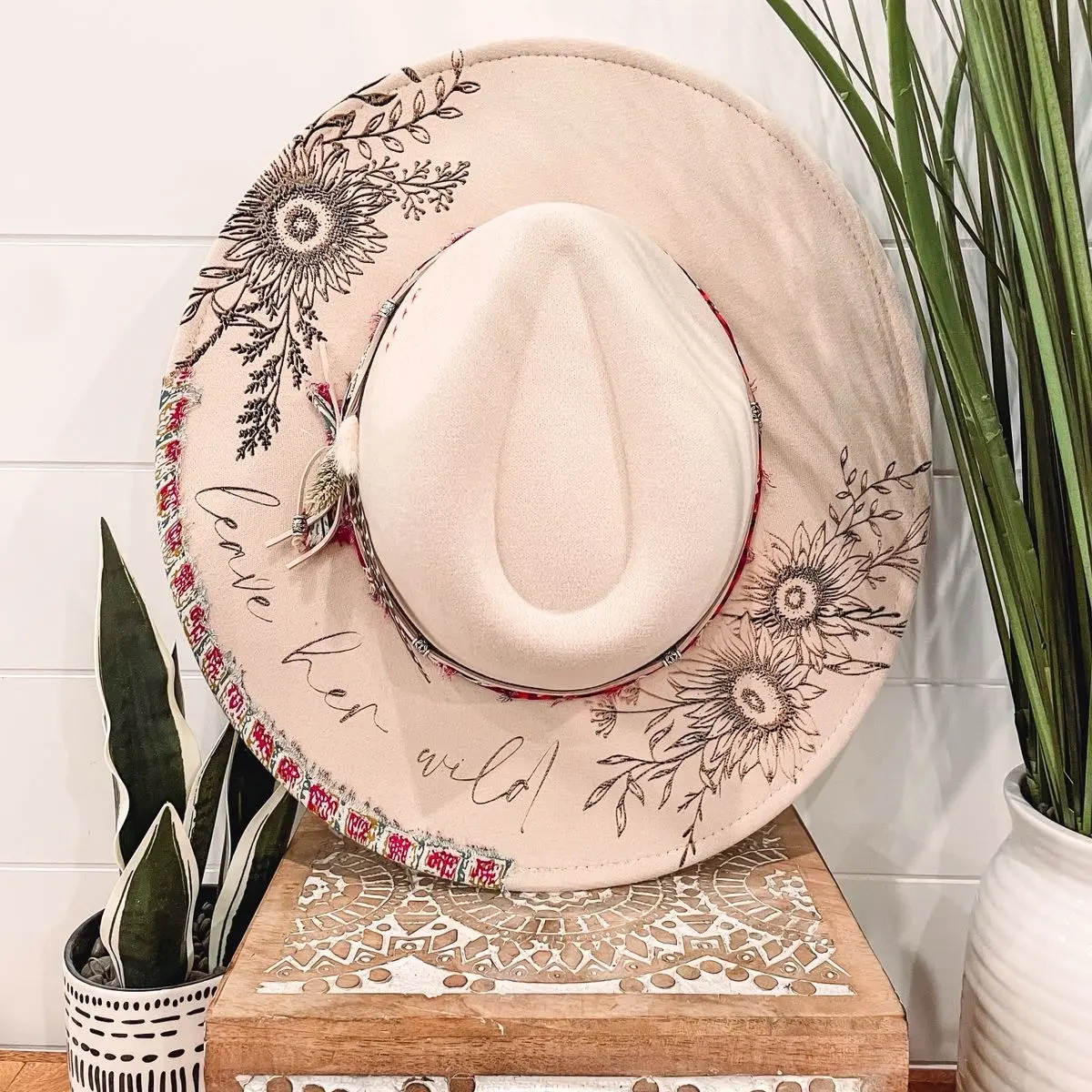 Floral Engraved Cowboy Hat, Sunflower Burned Fedora, Boho Felt Hat for Women