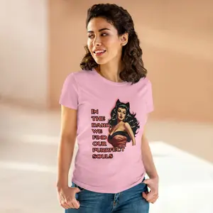 In the Dark We Find Our Purrfect Souls Pinup T-Shirt – Retro Catwoman Pinup with Black Cat Ears Halloween Rockabilly Top Women's Midweight Cotton Tee