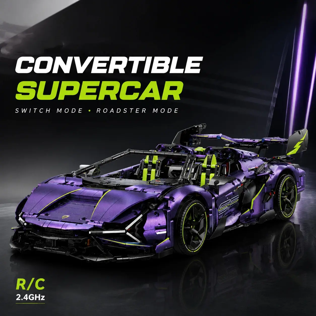 Raceforge Lamborghini 1:8 Scale Model Meteor Purple Super Sports Car Building Block Convertible Fidget Toy for Kids
