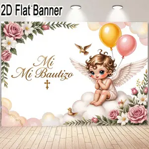 2D flat banner, 1pcMi Mi Bautizo Banner - Baptism Decorations with Cherub, Floral Elements and Colorful Balloons, Whimsical Prayerful Scene for Special Occasions, Elegant Gold Text and Cross, Perfect for Celebrations and Events