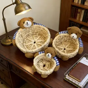 Cute Cartoon Bear Storage Basket INS Style Desktop Organizer for Office and Home Lightweight Woven Basket for Sundries and Small Items in Small Medium and Large Sizes