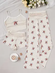 3 Piece Pajama Set Cute Printed Lace Cami Crop Top and Pleated Shorts with Pants Sleepwear