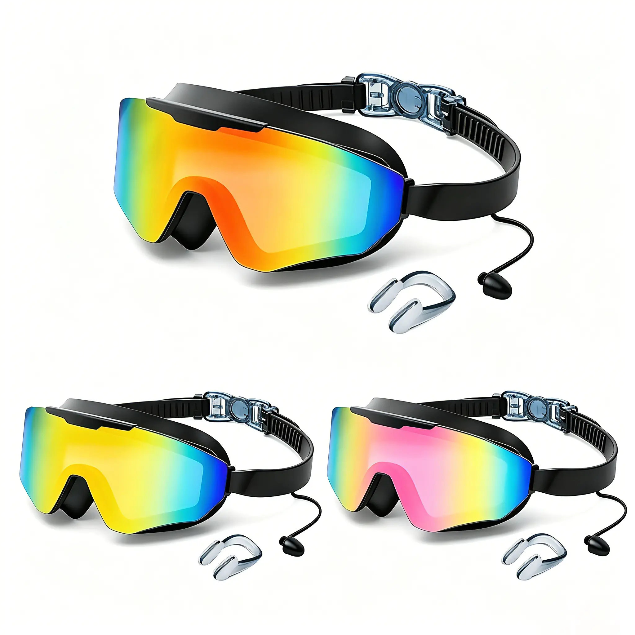 Swimming Goggles with Earplugs – Full-Edge Frame, Nose Cover, UV Protection, Anti-Fog Lenses, Wide Vision, Durable Shatterproof Lenses, Suitable for Adults – Men & Women, for Outdoor and Beach Use.