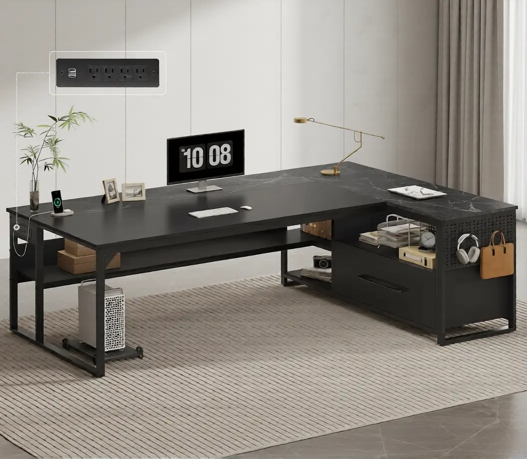 71" L Shaped Executive Desk, Reversible Computer Desk with Widen File Drawers & Power Outlets, Corner Desk with Storage Shelves, CPU Stand, Hooks for Home Office, Business Furniture (Black)