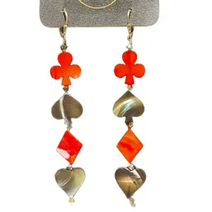 Full House Drop Earrings with Red and black Beads, Heart-Shaped Design, and silver-Tied Chain