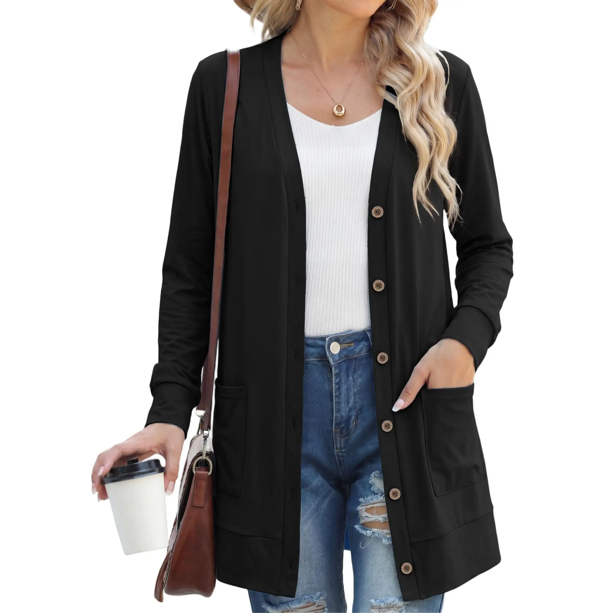 GRECERELLE Womens Lightweight Long Sleeve Cardigan with Pockets | Button Front V Neck Cardigans, Soft Business Casual Trendy Layering Sweater