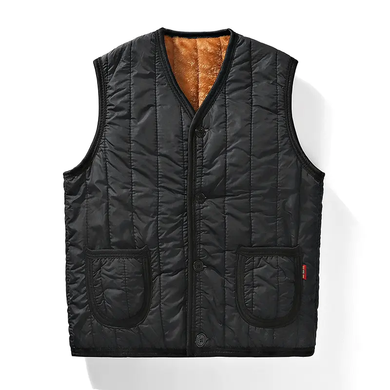 Menswear Stylish V-Neck Quilted Waistcoat for Men, Casual Sleeveless Polyester Top with Warm Fleece Lining, Pockets, Button Closure, Small Size Option, Plain, Breasted Vest, Buttons, Pockets For Carry, Pocket Convenience
