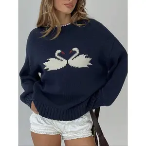 Women's Navy Blue Knit Sweater Pullover with Swan Heart Graphic Loose Fit Long Sleeve Casual Knitwear Oversized Drop Shoulder Warm Soft Jumper Vintage Aesthetic Winter Fashion Top