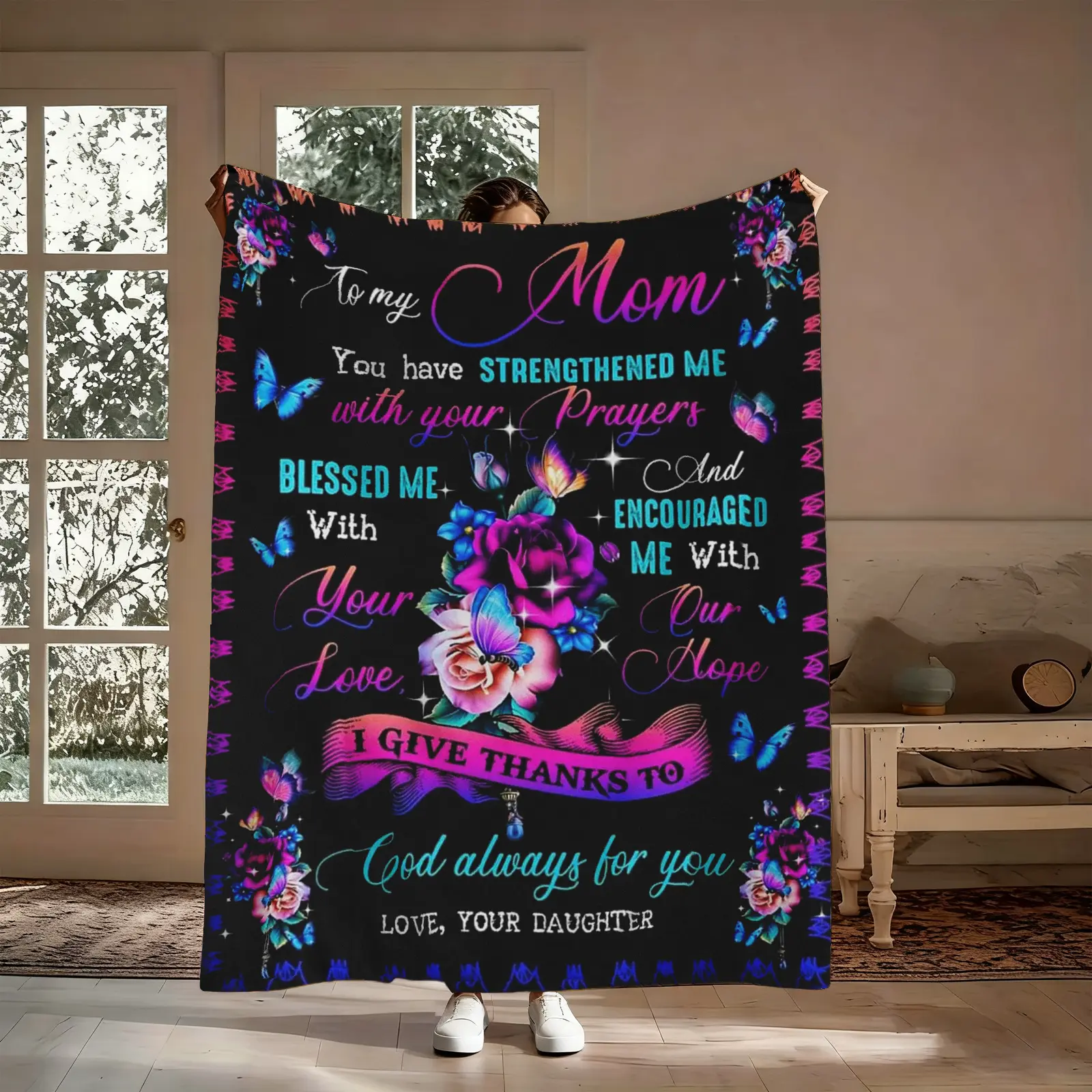 To My Mom Flannel Throw Blanket, Neon Rose Butterfly Daughter Love Letter Prayer Pattern Soft Warm Cozy Nap Blanket for Couch Bed Sofa, Sentimental Gift for Mom from Daughter, Mother's Day Birthday Christmas Holiday Gift   2（，188）