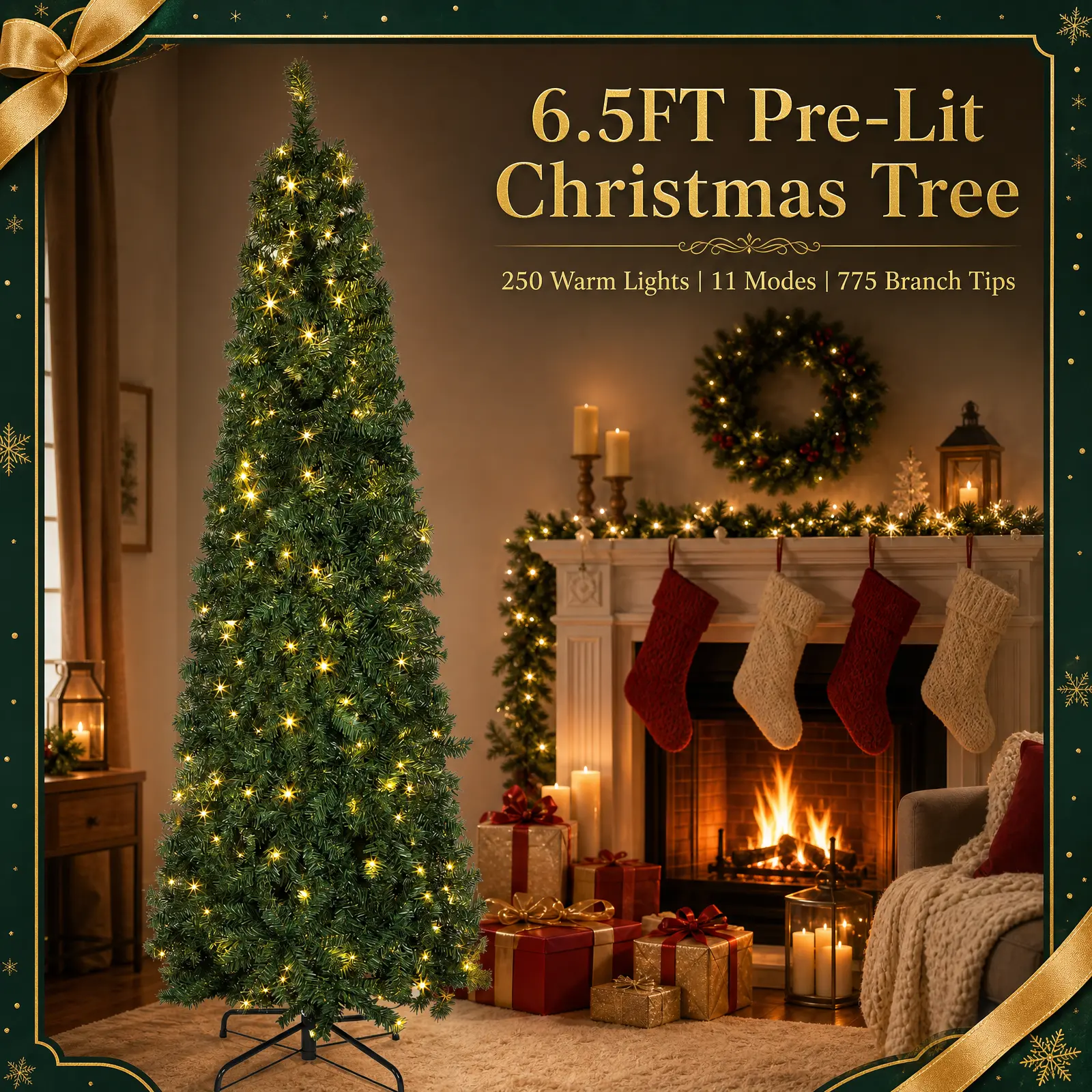 6.5FT Artificial Christmas Trees with 775 Branch Tips & 250 Warm LED Lights,Pencil Christmas Tree,Foldable Metal Base Christmas Tree，Dense Holiday Tree, Easy Assembly Xmas Decor for Living Room, Office & Party Countdown Ornament homedecor gift