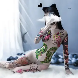 European and American Style Sexy Stockings with Tattoos Long Sleeve Open Crotch One-Piece Lingerie Sexy Sleepwear