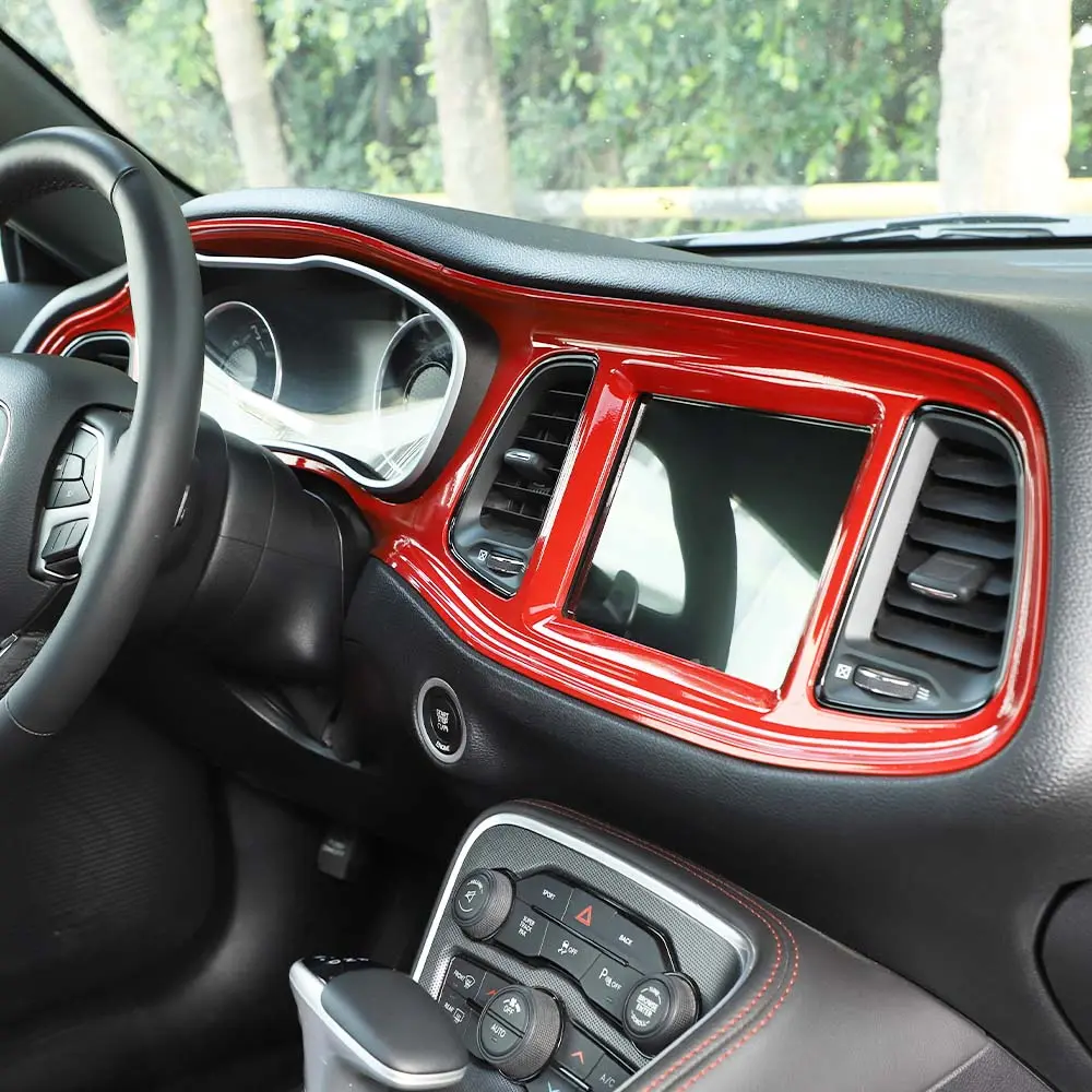 ABS Red Carbon Fiber Look Center Console Dashboard Panel Cover Trim - Self-Adhesive, UV Resistant Car Decals for 2015+ Dodge Challenger, Automotive Interior Stickers, Cars Accessories, Decoration, Father's Day Gift, Vehicle
