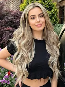 13x4 Lace Front Wig Brown Blonde Highlight Wavy Wig HD Transparent Lace Frontal Wig Water Wave Wig Free Parting Pre-Plucked Natural Hairline Concert Music Festival Look Wavy Synthetic Wig for Women Everyday Wear Dating 28 Inch