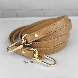 Tan Leather Strap with Yellow Stitching - Short Shoulder to Crossbody Lengths - 1/2 inch (13mm) Wide, #16LG Clips