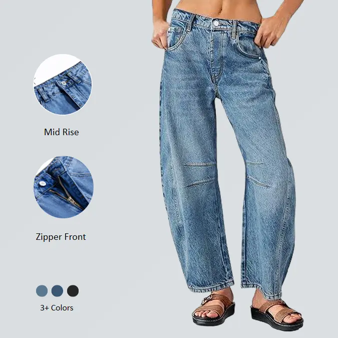 Imily Bela Women's Baggy Boyfriend Jeans Vintage Wide Leg Mid Rise Barrel Denim Ankle Pants with Side Pockets & Zipper Front Blue Trendy Fashion Bottom