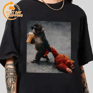 Unisex Cool Monkey With Iced Coffee T-Shirt Funny Monkey Dragging Stuffed Animal Meme Design Casual Oversized Crew Neck Top Viral Trendy Tee For Humor Lovers & Gen Z