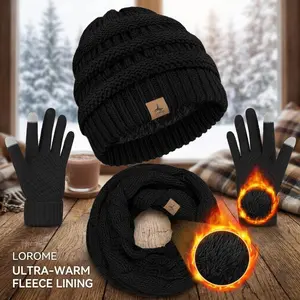 Winter Beanie Hat Scarf Gloves Set - Warm Fleece Knit Hats Touch Screen Gloves Neck Scarf for Unisex Adult Men Women Cold Weather Accessories Perfect Christmas Holiday Gifts