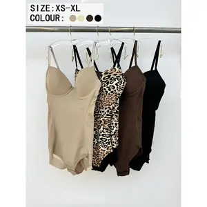 Women's Solid/Leopard Print Ruched Crotchless Shapewear Bodysuit, Adjustable Strap Contrast Mesh Shaper, Tummy Control Shapewear for Daily Wear