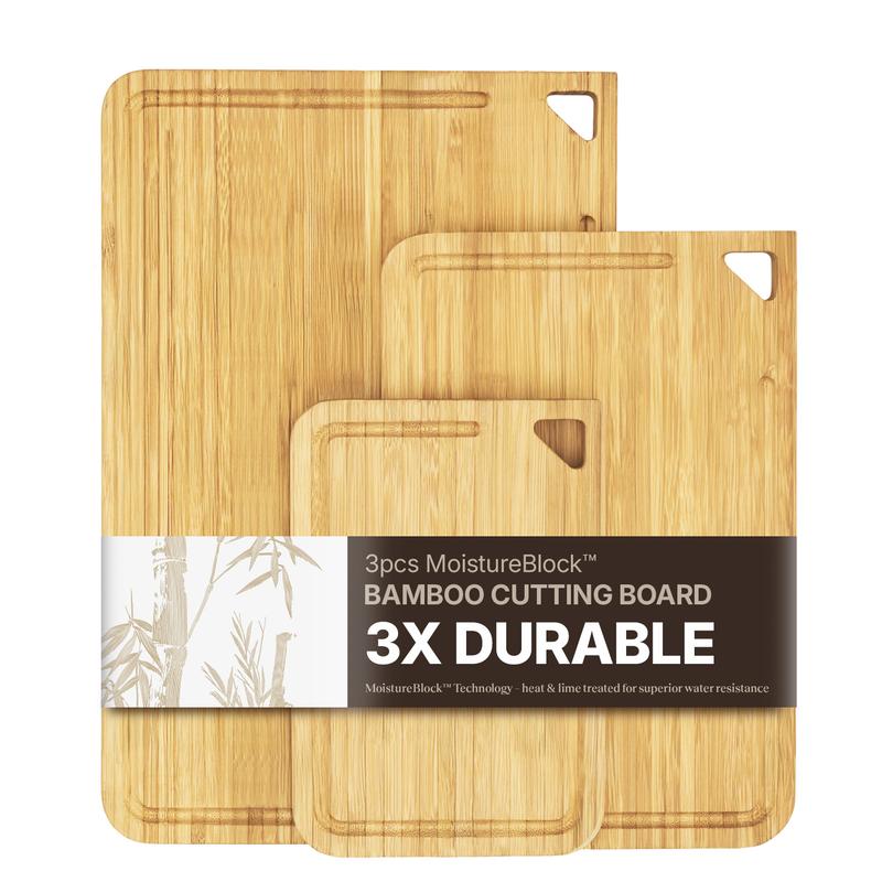 Premium Wooden Cutting Board Set, 3-Piece, Natural Wood Color with Juice Groove, Kitchen Chopping Board Knives Bamboo Fruit