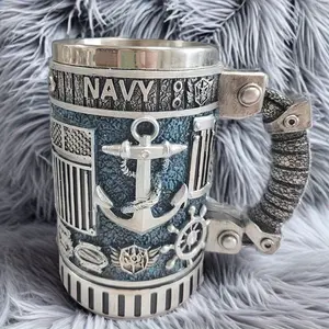 1 Navy Blue Stainless Steel Anchor Cup with Nautical Resin Inlay -Spill-Proof BPA-Free Reusable Coffee Mug Marine-Themed Drinkware with Anchor Ship Wheel & Navy Insignia Design Sturdy Handle for Home Bar Christmas Thanksgiving Easter Hanukkah Out Tumbler