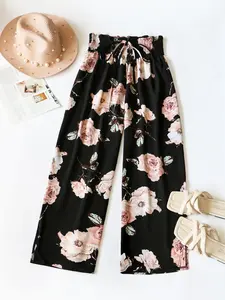 【Plus Size】 Floral Print Bow Front Wide Leg Pants, Casual Street Trousers, Boho Shirred High Waist Trousers for Holiday Wear, Summer Outfits 2024, Plus Size Bottoms for Spring & Fall, Bohemian, Casual Comfy Trouser