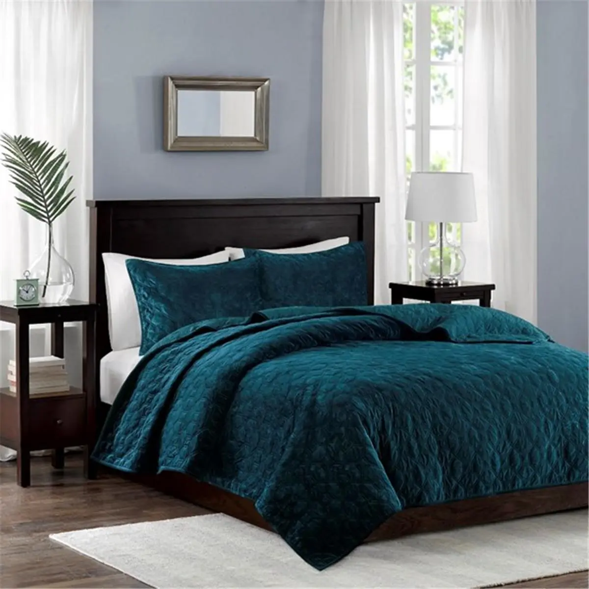 212 MAIN Harper Velvet 3-Piece Coverlet Set - King & Cal King Sizes, Teal Modern Soft Decorative Bedding Set with Velvet Cloth, Geometric Stitch, Quilted Design