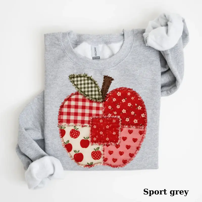 Women's Printed Patchwork Casual Fitted Round Neck Teacher Sweatshirt - Spring Graphic Pullover, Back to School Apple Apparel, Teacher Appreciation Gift for Her (Cute Tops for Women)