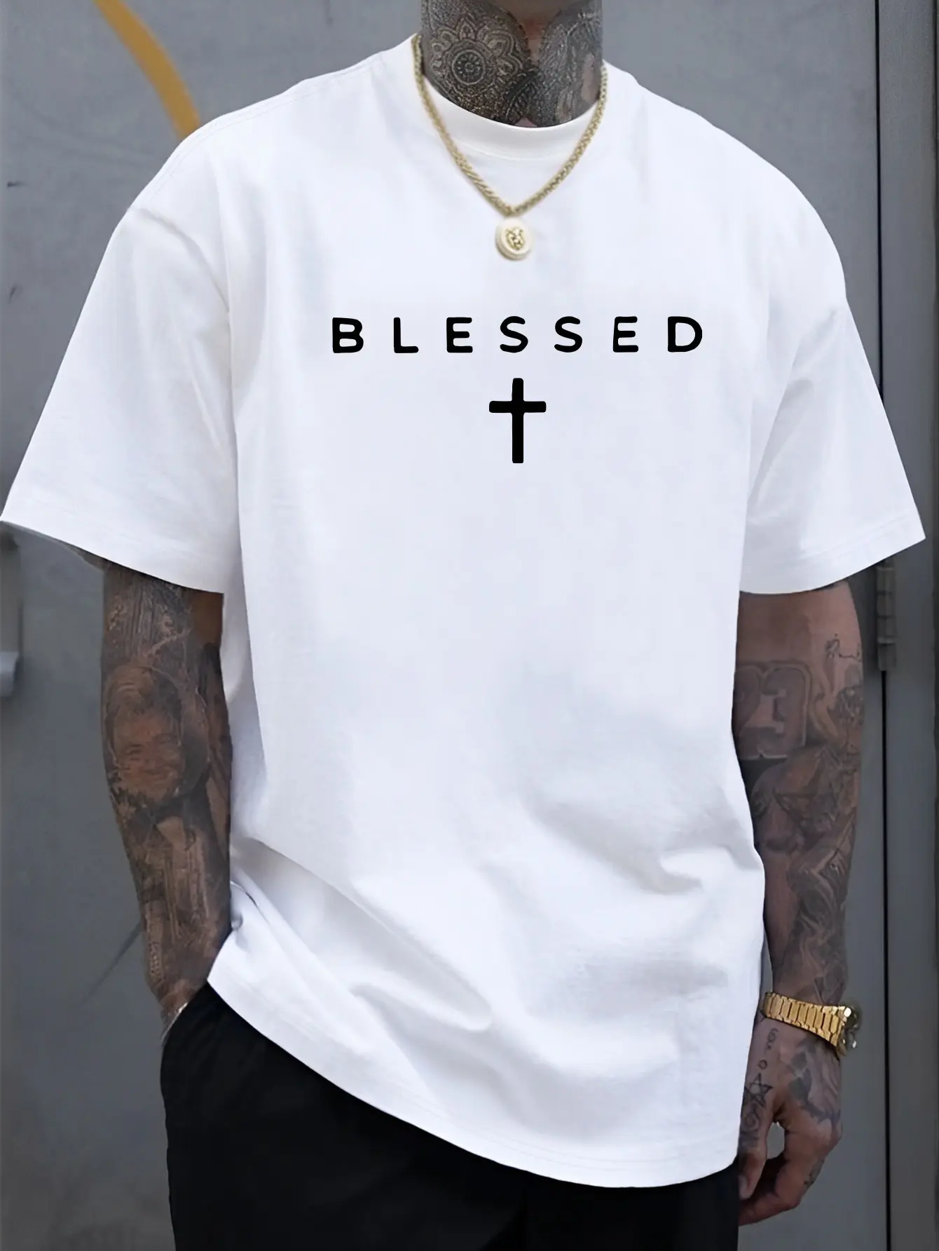 Men's BLESSED Logo & Cross Print T-Shirt - Ice Silky Fiber Fabric Quick-Dry Breathable Short Sleeve Crew Neck Top | Plus Size Loose Fit Streetwear Suitable for Summer, Gym, Casual Wear - BLESSED Brand Lettering White Shirt