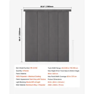 VEVOR Panel Track Blinds, Extendable Track from 45.8 in to 86 in W, Trimmable Panel Curtains Up to 96 in H, Vertical Blackout Panel Blinds for Sliding Doors, Patio Doors, Room Divider, Dark Gray