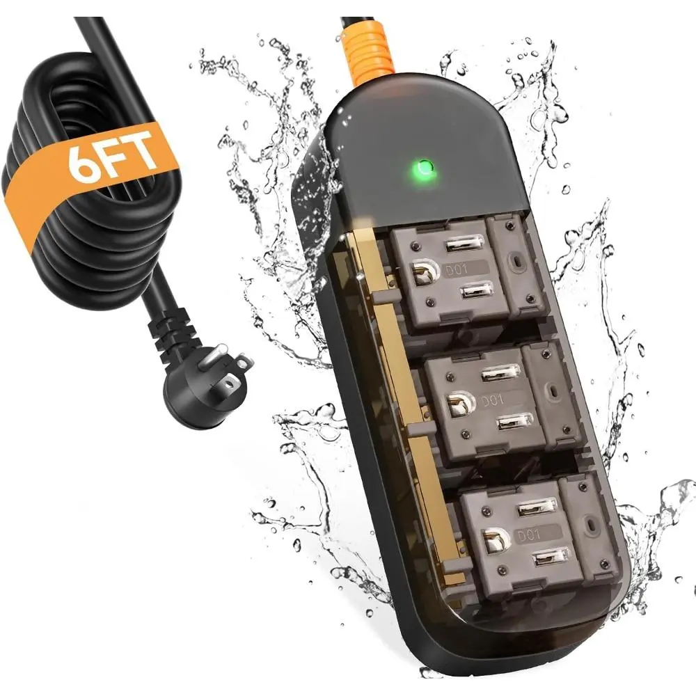 IPX6 Waterproof Transparent Cover Surge Protector Power Strip with 6 FT Extension Cord, 3 AC Outlets, 1625W, Back Mounting Holes, Shockproof Protection, FCC UL Certified, ABS+PC Shell, Modular Structure, Ideal for Camping, Toddler Safety, Tweezers, Toddle