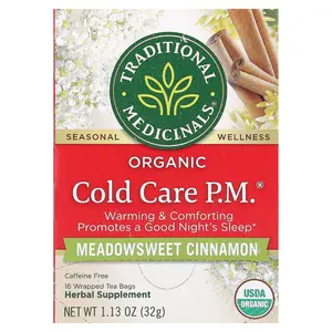 Traditional Medicinals Organic Cold Care PM, Meadowsweet Cinnamon, Caffeine Free, 16 Wrapped Tea Bags, 1.13 oz (32 g)