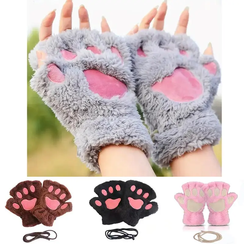 Women's 4-Pair Fingerless Faux Fur Plush Gloves - Animal Print, Cute Look, Unisex Size, Warmth Windproof Fashion Accessories, Hand Warmers