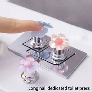 Flower Shaped Toilet Press, 3 Counts/set Cute Creative Long Nail Dedicated Toilet Press, Bathroom Button & Switch Auxiliary Devices