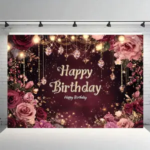 Burgundy Birthday Party Backdrop with Diamond Crystals & Floral Patterns, Polyester Material, Personalized Decoration, Photography Prop