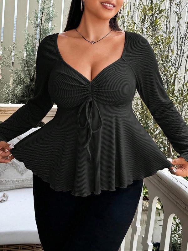 【Plus Size】 Solid Bow Decor Thumb Hole Curved Hem Tee, Plus Casual Long Sleeve T-shirt for Daily Wear, Women Plus Clothing for Fall & Winter, Top