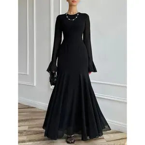 Elegant solid-color long skirt with a fitted bodice and flowing sleeves, lace-up back, woven lightweight fabric for autumn fashion, women’s apparel