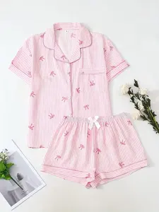 Women's Two-Piece Striped Bow Print Summer Pajama Set, Short Sleeve Button-Up Shirt and Bow Shorts, Casual Home Wear Aesthetic