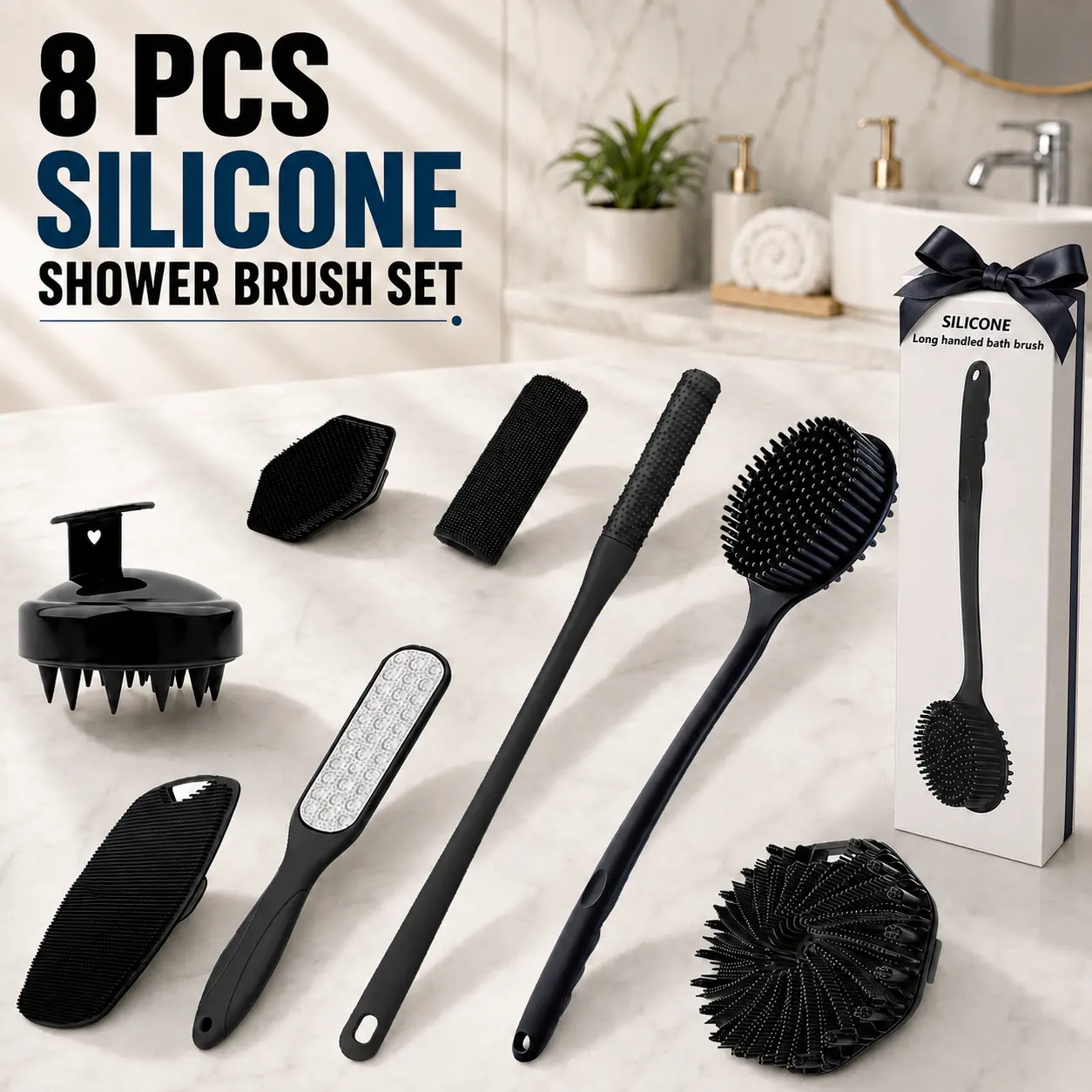 8-Piece Bath & Body Shower Essentials Gift Set with Gift Box, Silicone Back Scrubber, Scalp Shampoo Brush, Face & Body Cleansing Pads, Exfoliating Glove Alternative, Body Scrubber and Foot Care Tools, Self-Care Gift for Friends or Couples