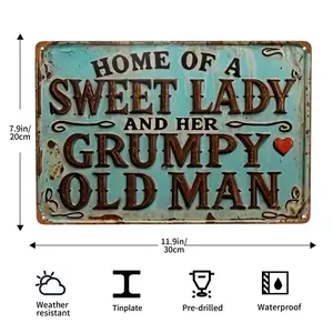 Funny Marriage Humor Metal Tin Sign - "Home of a Sweet Lady & Grumpy Old for Man" - Vintage Rustic Farmhouse Decor - Wedding, Anniversary Gift- 8x12 Inch Kitchen, Living Room Wall Art