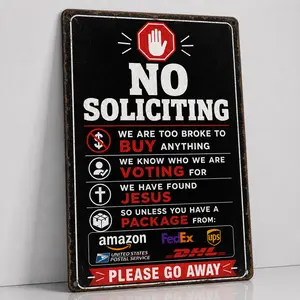 Vintage Metal Tin Sign, No Soliciting Unless You Have A Package Sign, Funny Sarcastic Front Door Decor for Home Porch Yard Gate Office, Humorous Housewarming Gift Present 8x12 Inch