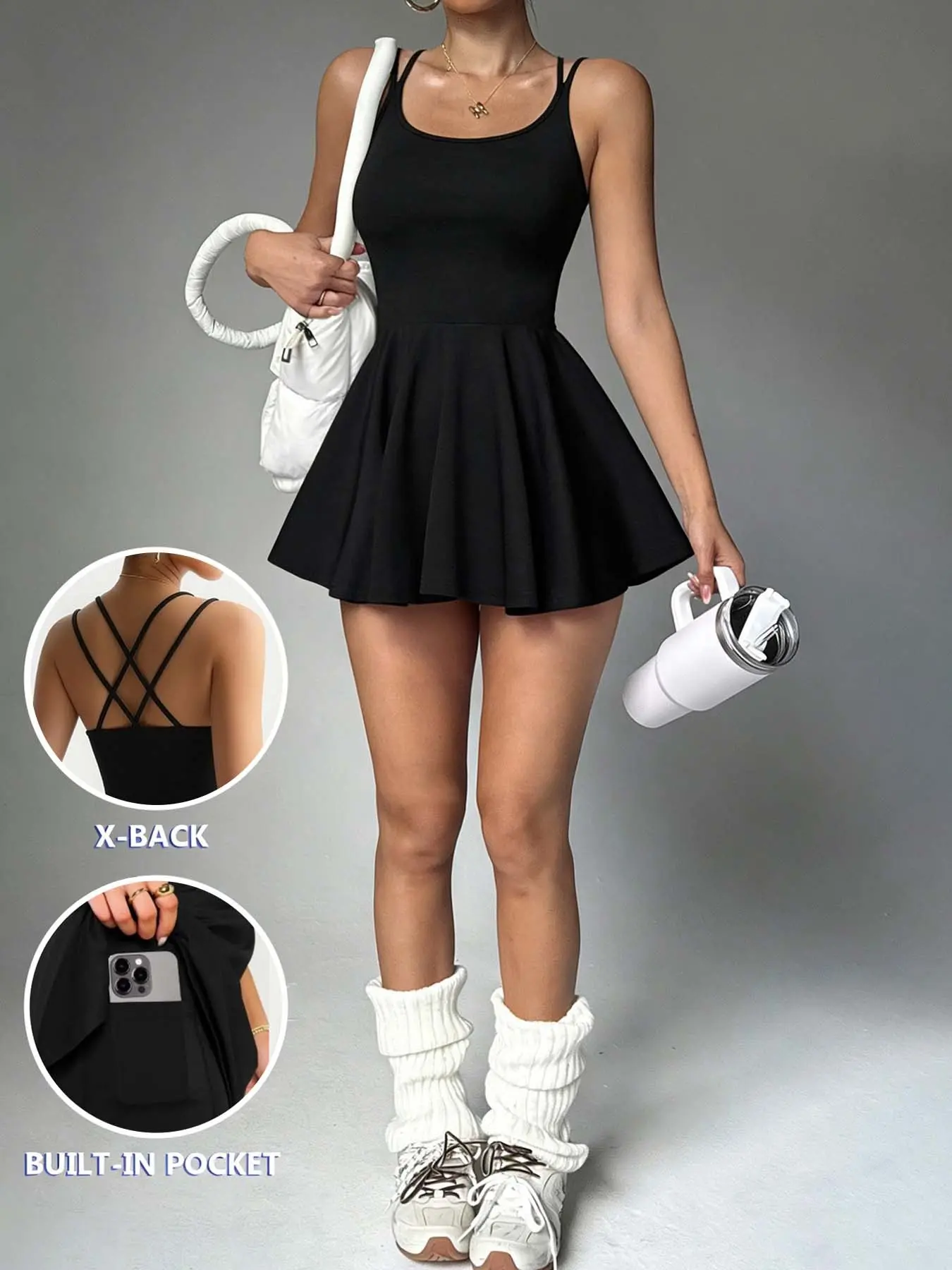 Sports cross stitch back seam pleated multi-layer closure sportswear, sports dress, casual sportswear, Sleeveless Sports Dress, Solid Sports Dress, Workout Athletic Dresses, Sleeveless Sporty Dress