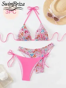Briza｜3Pc Halter Triangle Pink Floral Bikini With Tie-Side Bottoms For Brazilian Bikinis Vibes And Vacation Swimwear For Women In Bikini Sets And Swimsuits 2 Piece As A Two-Piece Swimsuit Bathing Suit Women Set For Beach Resort Confidence