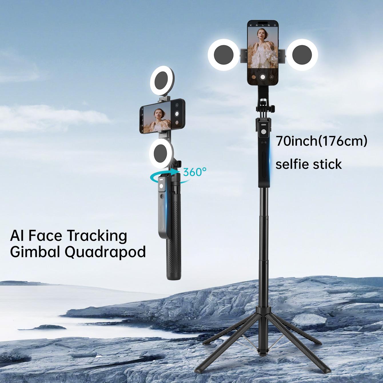 2025 New AI Selfie Stick Tripod, 360° Face Tracking. Multi-func Phone Mount W/ Remote & Fill Light, Adjustable Height, Sturdy Base. Compatible W/ IPhone & Android, For YouTube Recording & Travel Photography. Sleek Metal Finish, Durable.